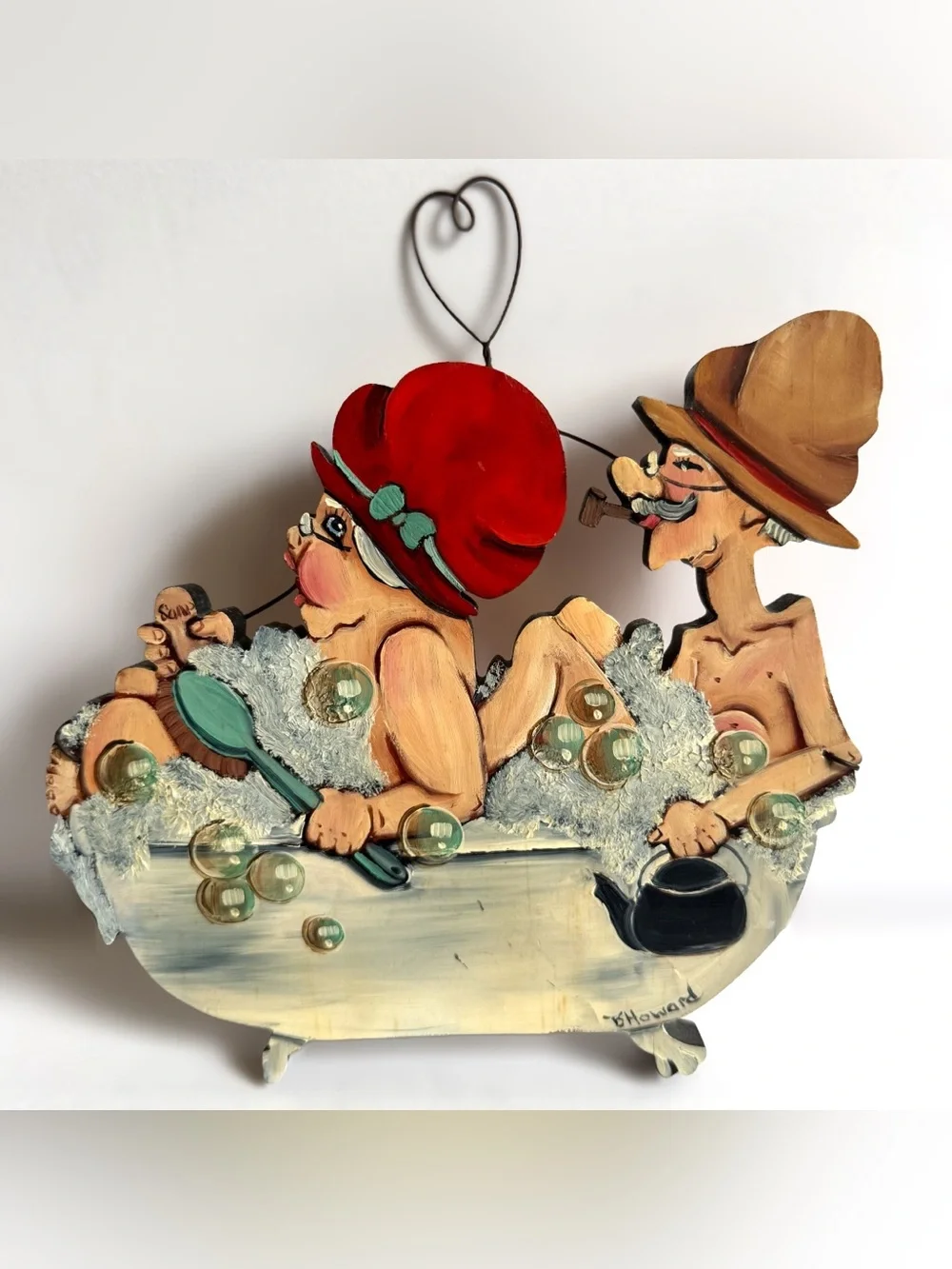 Vtg Handmade Wooden Bathroom Wall Hanging Whimsical Folk Art Old Couple Bathtub